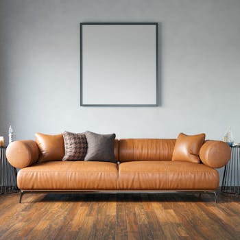 Elegant brown leather couch in a chic living room setting with modern decor elements and empty frame.
