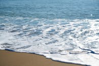 晴朗的天空下，海浪翻滚到岸边，宁静的海滩景色宜人