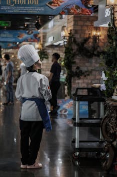 A chef in uniform stands in a bustling restaurant environment, observing the decor and ambiance.