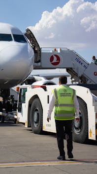 Ground crew preparing airplane for departure at airport with bright sky background.
