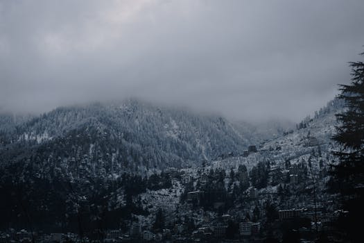 A serene winter view of snow-covered mountains and trees in Manali, India, under an overcast sky.