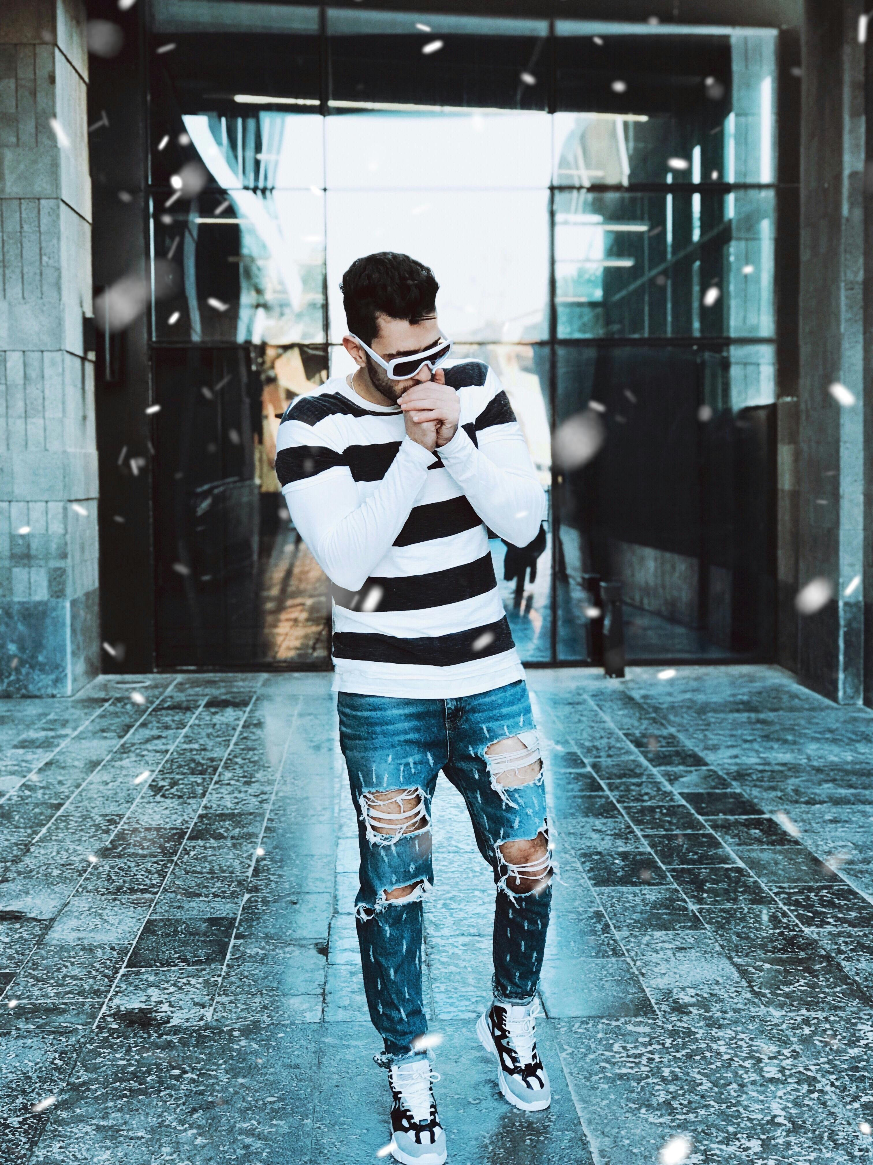 white and black striped jeans