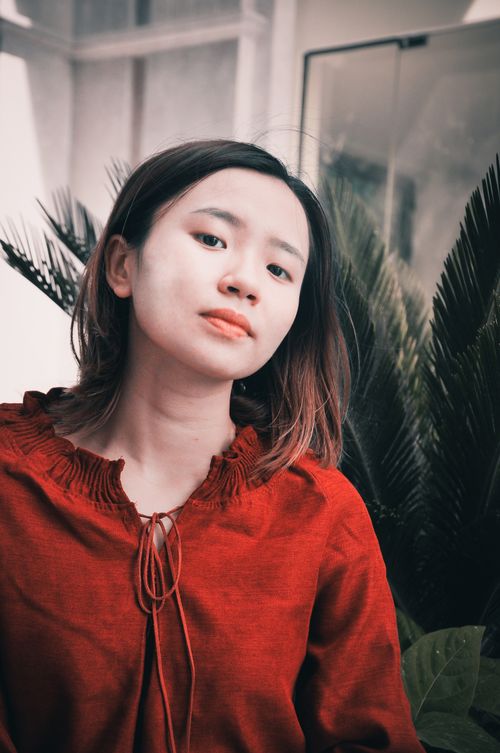 Free Contemporary portrait of a young woman in a red top surrounded by indoor plants. Stock Photo