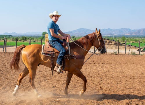 Man in Hat Riding Horse on Farm