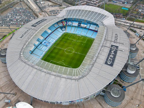 Kostenloses Stock Foto zu drohne erschossen, etihad-stadion, hohe winkelansicht