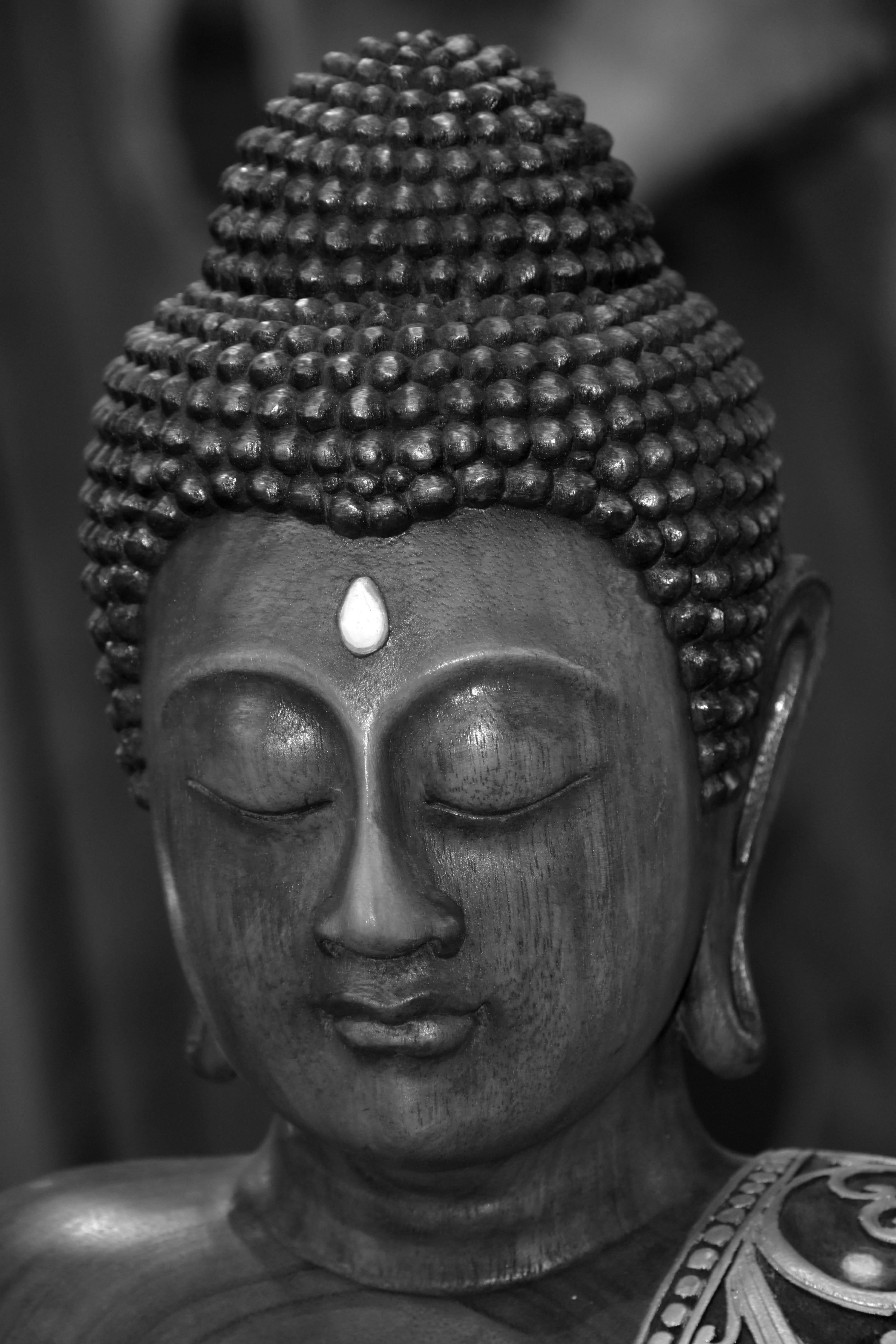 A Bluish Black Oil Color Print of Lord Buddha on a Light Colored Backg