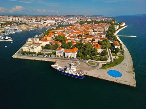 A stunning aerial view of Zadar's historic waterfront, showcasing the blend of urban architecture and scenic coastlines.