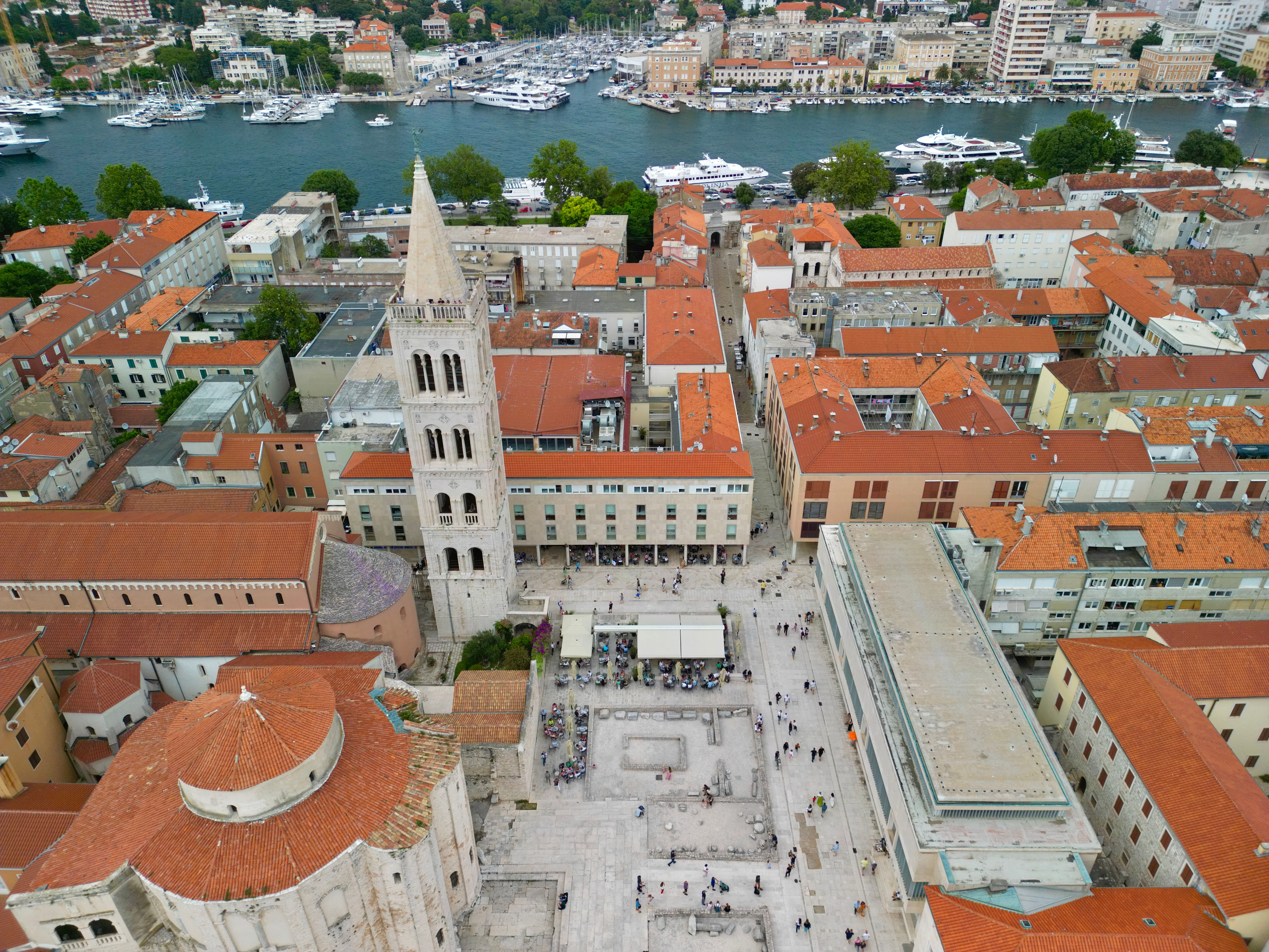 Zadar, Croatia from above with this stunning aerial cityscape featuring historic architecture and vibrant rooftops