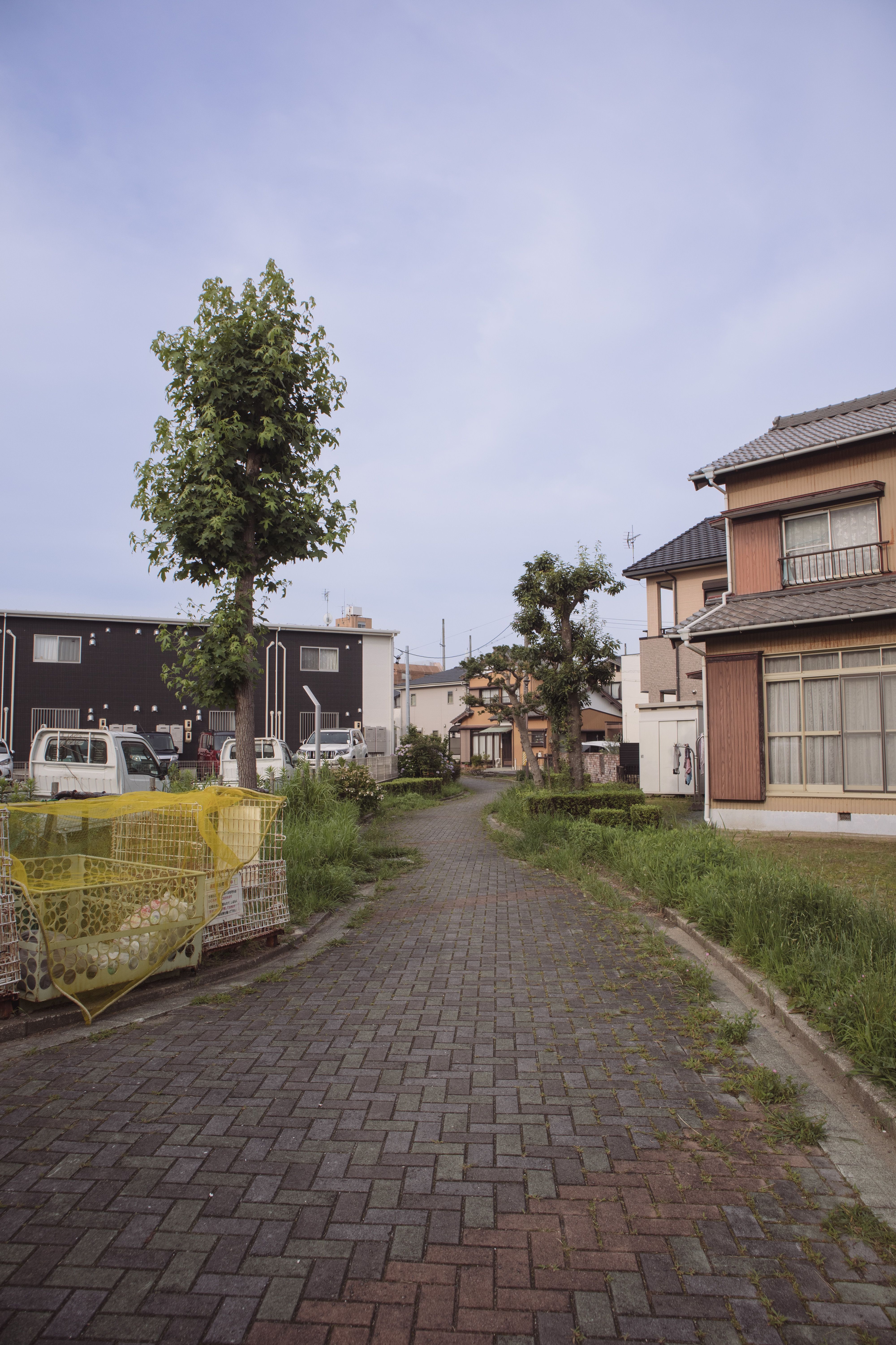 Tranquil suburban scene on a cobblestone street in Toyohashi, Aichi, Japan.