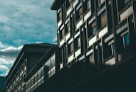 低角度拍摄的现代建筑立面，与多云天空中飞行的鸟形成对比