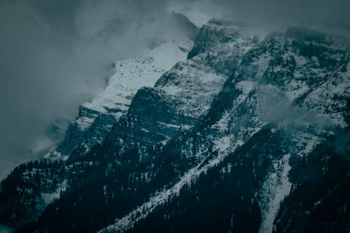 Snow Capped Mountain Range Under Cloudy Skies