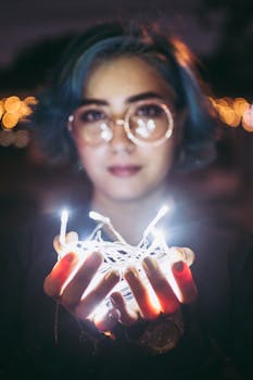 晚上，一名蓝发女子手持发光的串灯