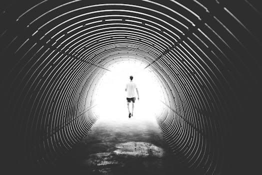 在瑞士贝尔瓦尔德，一名男子的剪影走过一条明亮的隧道，照片以黑白色拍摄