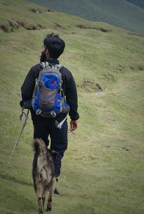 Back View of a Man with a Dog Hiking