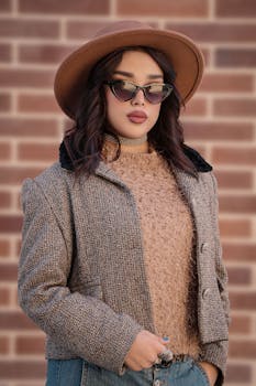 Stylish woman in a chic outfit with sunglasses and a hat against a brick wall.
