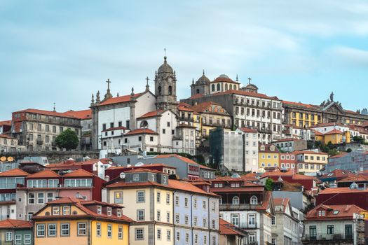 Colorful historic buildings and architecture in the heart of Porto, Portugal.