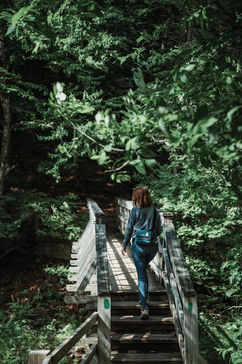 Woman Walking Through Wooden Bridge in Forest