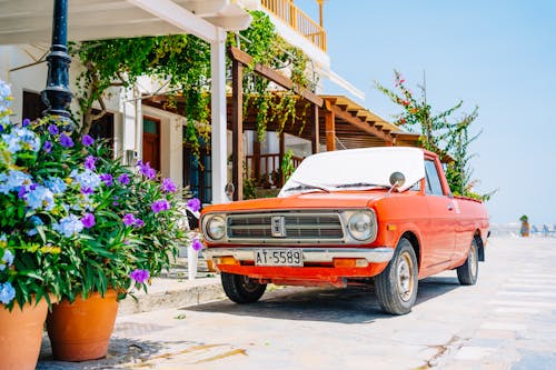 Vintage, Red Car on Pavement