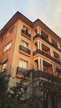 Low angle view of an urban apartment building in Ankara, Turkey, at sunset.