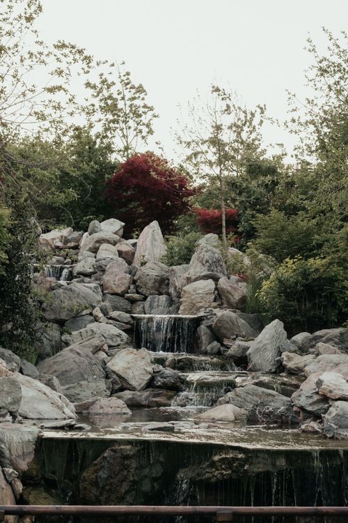 Free Serene waterfall cascading over rocks surrounded by lush greenery and trees. Stock Photo