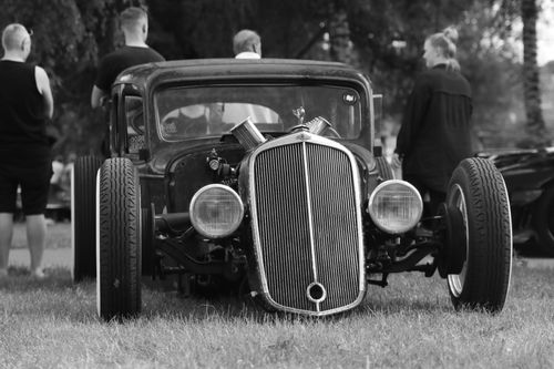 Free Black and white vintage car showcased outdoors at a Jönköping car show in Sweden. Stock Photo