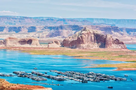 The blue water and red rock of Lake Powell near Page, Arizona