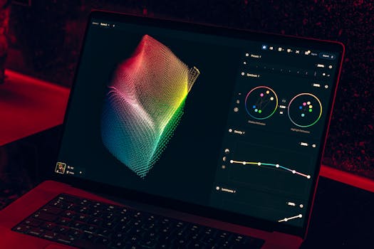 Close-up of a colorful data visualization displayed on a laptop screen in a dimly lit room.