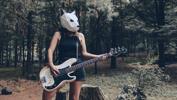 A woman with a geometric mask playing guitar in a forest, creating a surreal vibe.