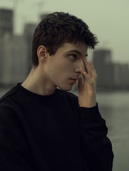 A profile shot of a young man in deep thought by the waterfront during dusk, exuding an introspective mood.