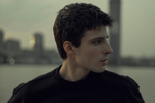 Side profile portrait of a young man posing outdoors at sunset with a city skyline in the background.