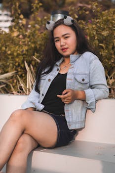 一位时尚女士穿着牛仔夹克，在户外摆出休闲时尚的姿势