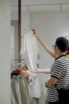 Back view of a man shopping for clothes, looking at a white shirt in a store.