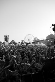 Black and white photo of an energetic crowd enjoying an outdoor music festival with a ferris wheel in the background.