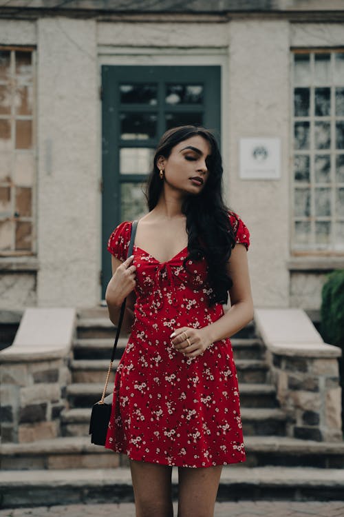 Woman in a Red Floral Dress 