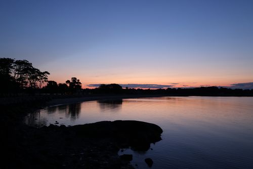 Free A tranquil dusk scene with lake reflections and silhouetted trees. Stock Photo