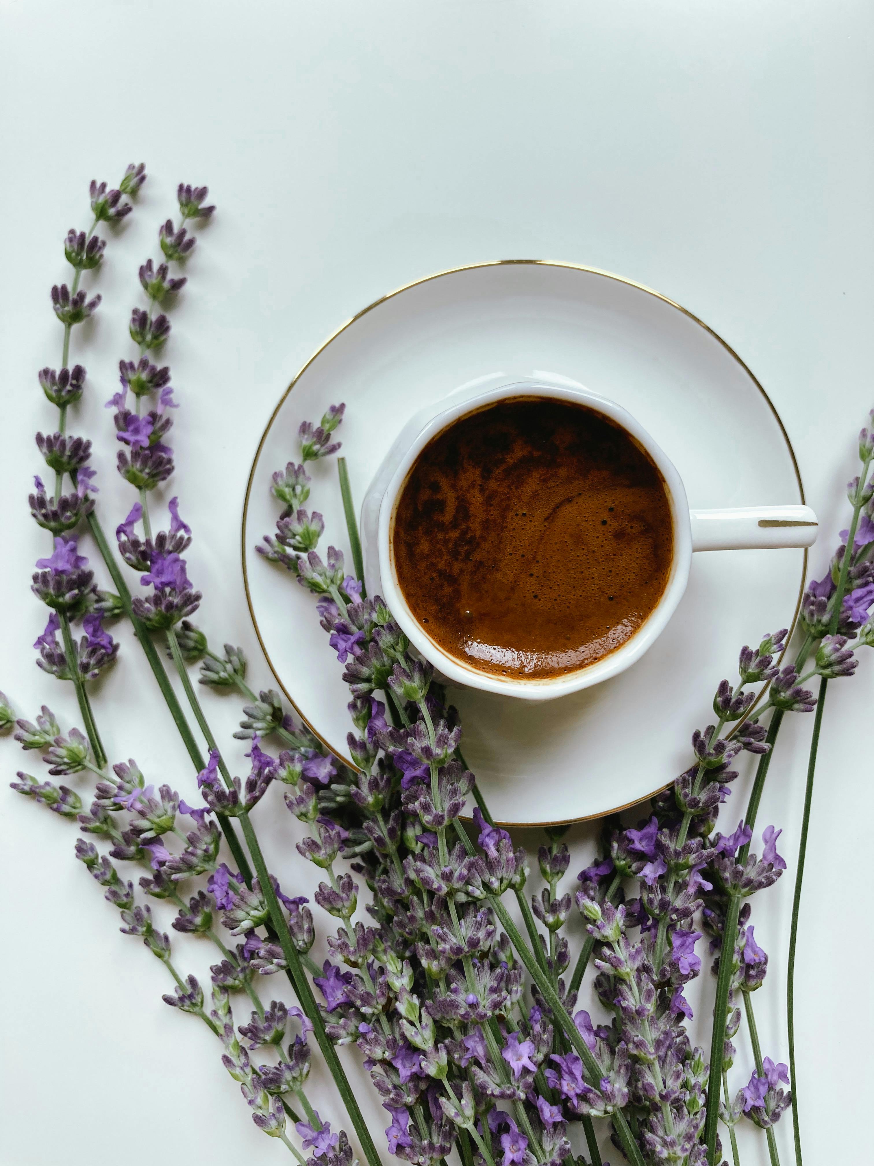 A Cup of Coffee and Lavender on the Table · Free Stock Photo