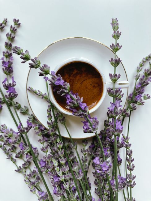 Aromatic black coffee in a porcelain cup, surrounded by fresh lavender flowers.