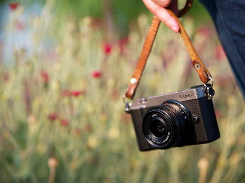 Close-up of Person Holding a Digital Camera on a Strap 
