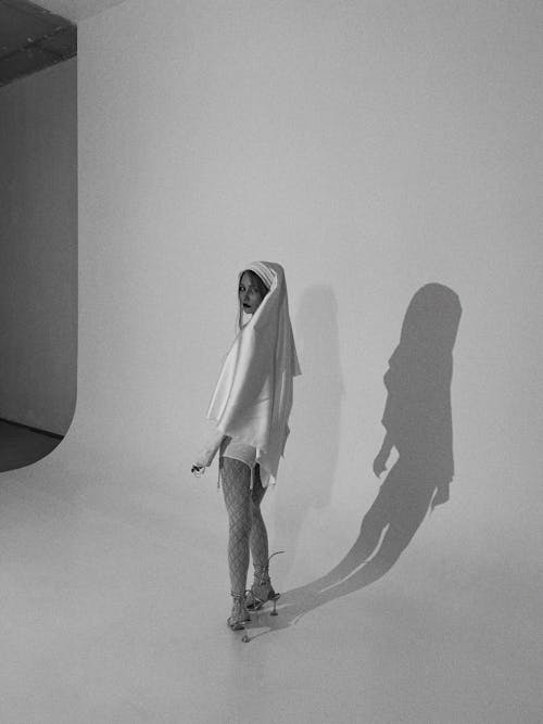 Woman Posing in Veil in Black and White