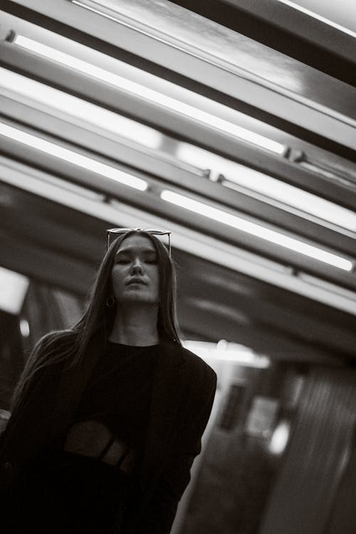 Portrait of a Woman in Subway System in Black and White