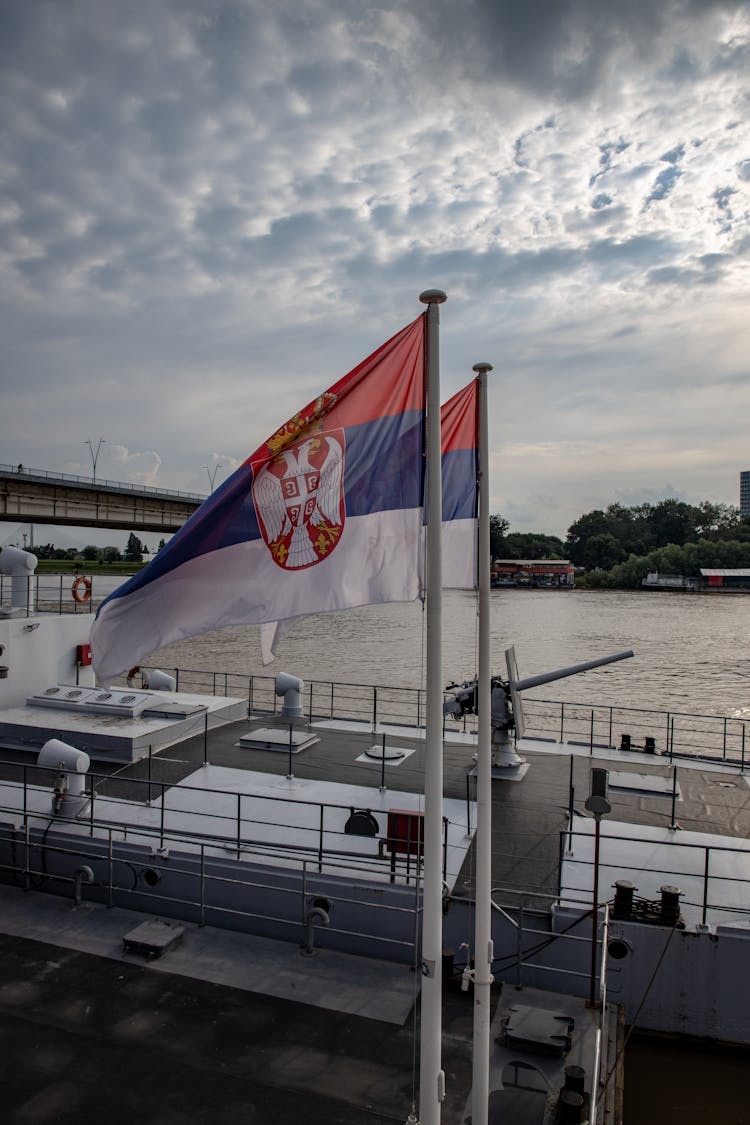 Serbian Flags Near Ship On River