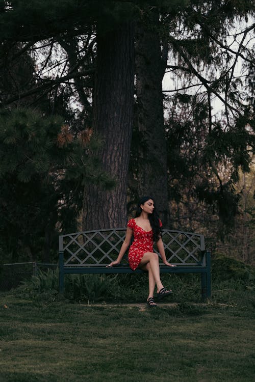 Woman in a Red Dress Sitting Alone on a Park Bench