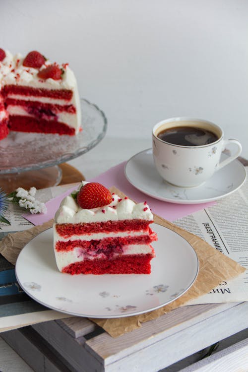 Free Strawberry Cake and a Cup of Coffee Stock Photo