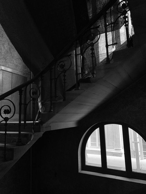 Free A captivating black and white image of an empty indoor staircase with ornate details. Stock Photo