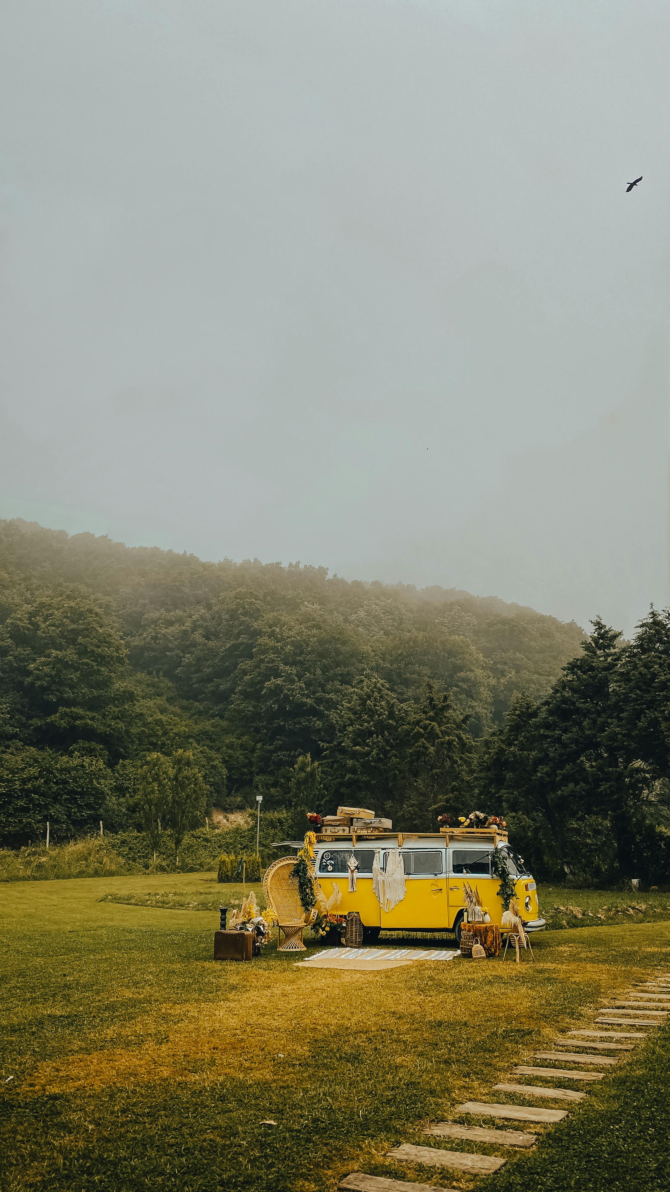 A vintage yellow van surrounded by lush greenery, embodying outdoor adventure.