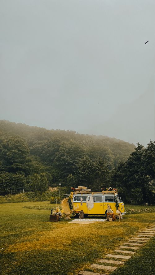 Free A vintage yellow van surrounded by lush greenery, embodying outdoor adventure. Stock Photo
