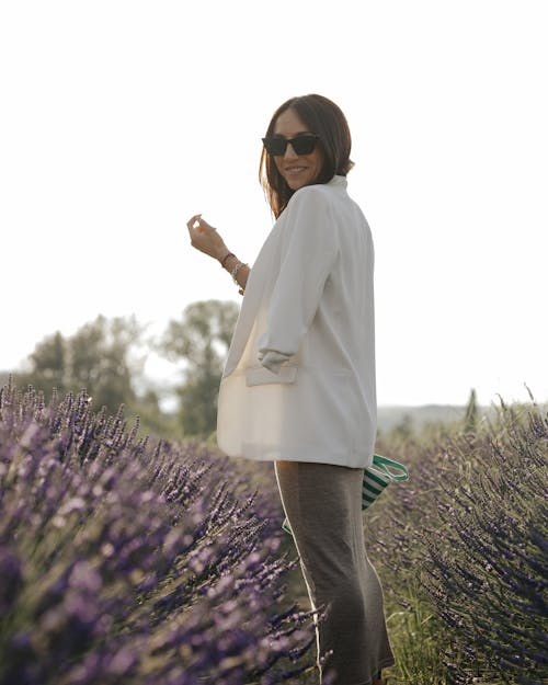 Woman in Summer Blazer Standing on Lavender Field