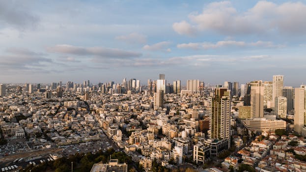Aerial view of Tel Aviv's skyline featuring modern skyscrapers under a clear sky.