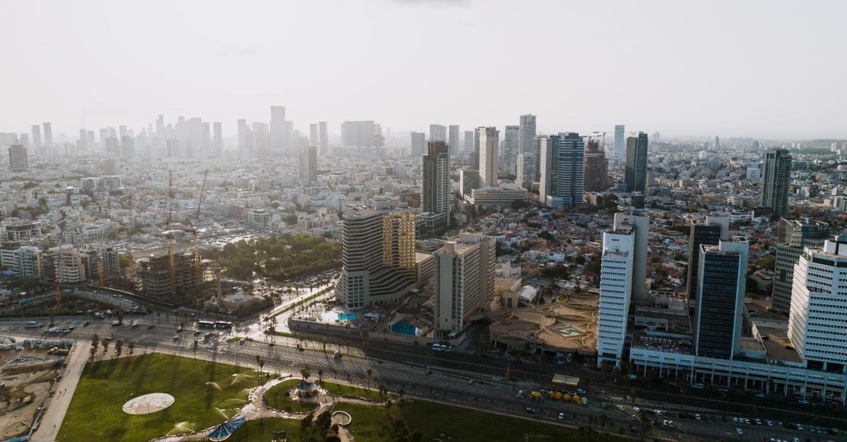 A panoramic aerial view showcasing the modern skyline of Tel Aviv, Israel.