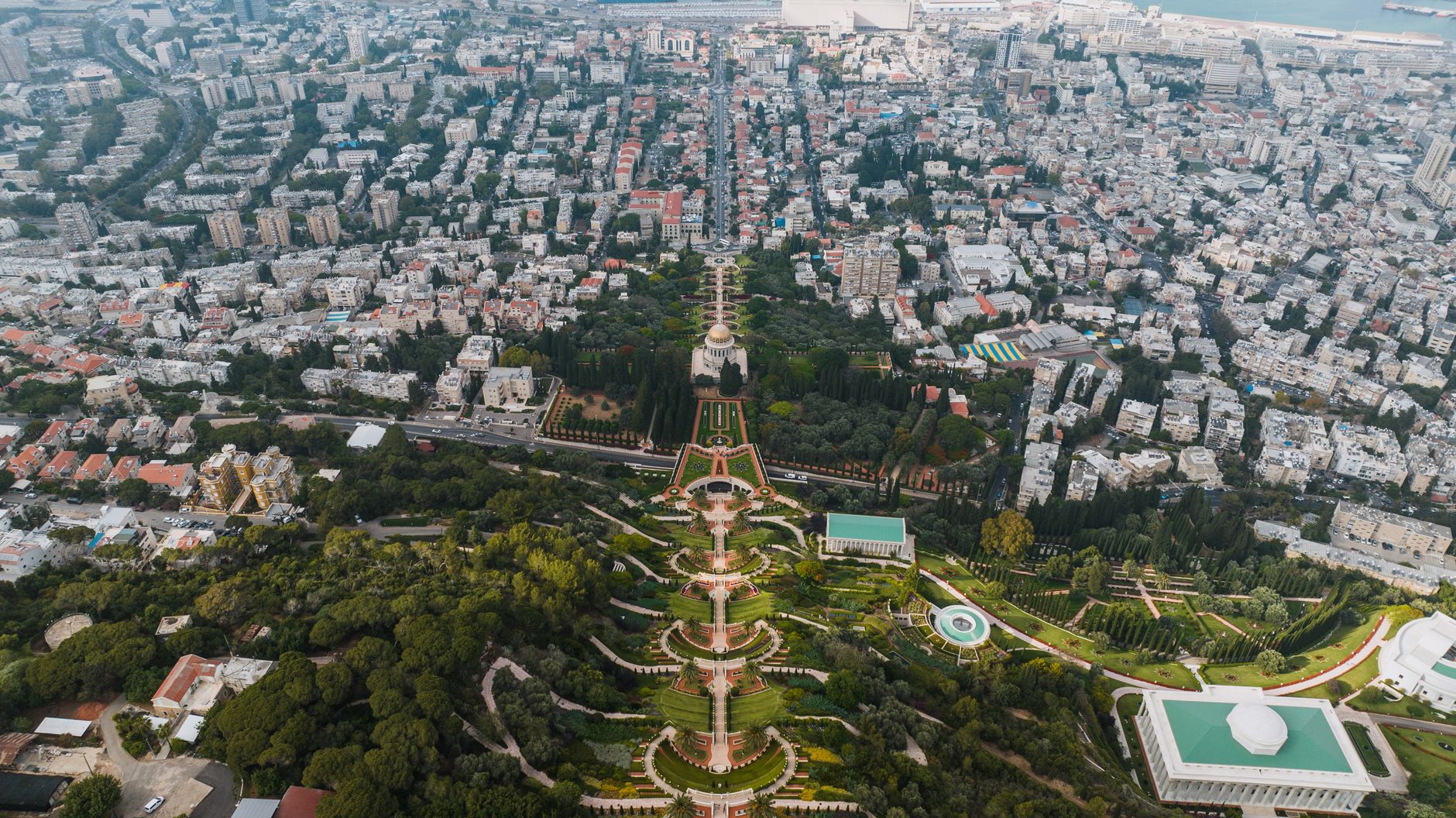 Stunning aerial view of Baha'i Gardens, a UNESCO World Heritage Site in Haifa, Israel. โ photo by K / Pexels